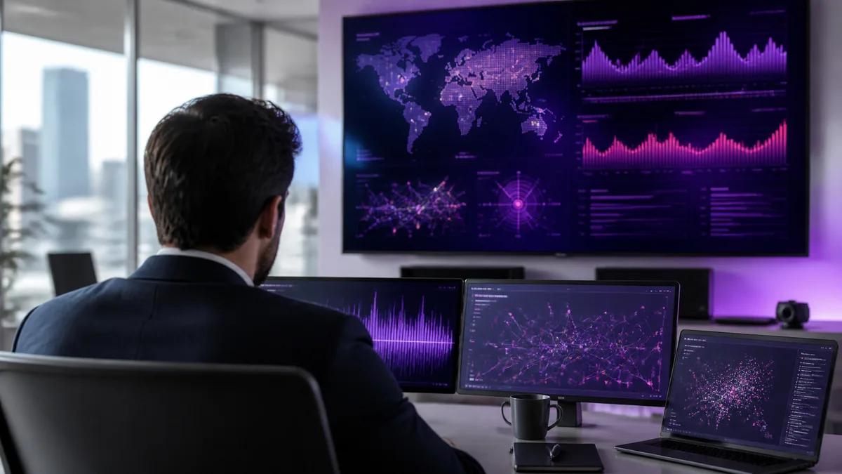 Financial risk analyst reviewing live monitoring signals and global intelligence dashboards